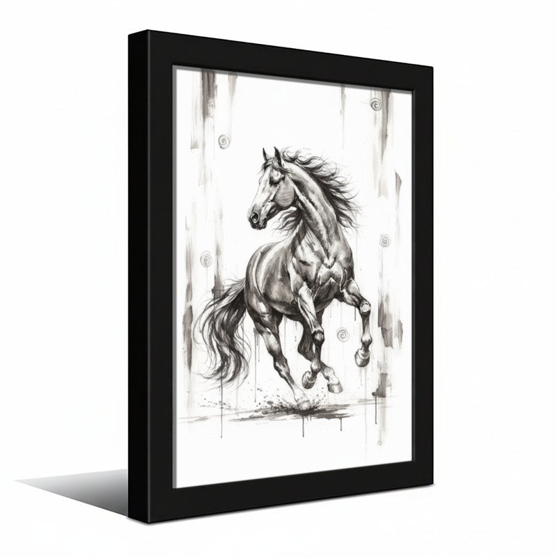 Animaux, cheval au galop, art dynamique en noir et blanc, H 12 po x l 18 po, Toile tendue, Ne s’applique pas