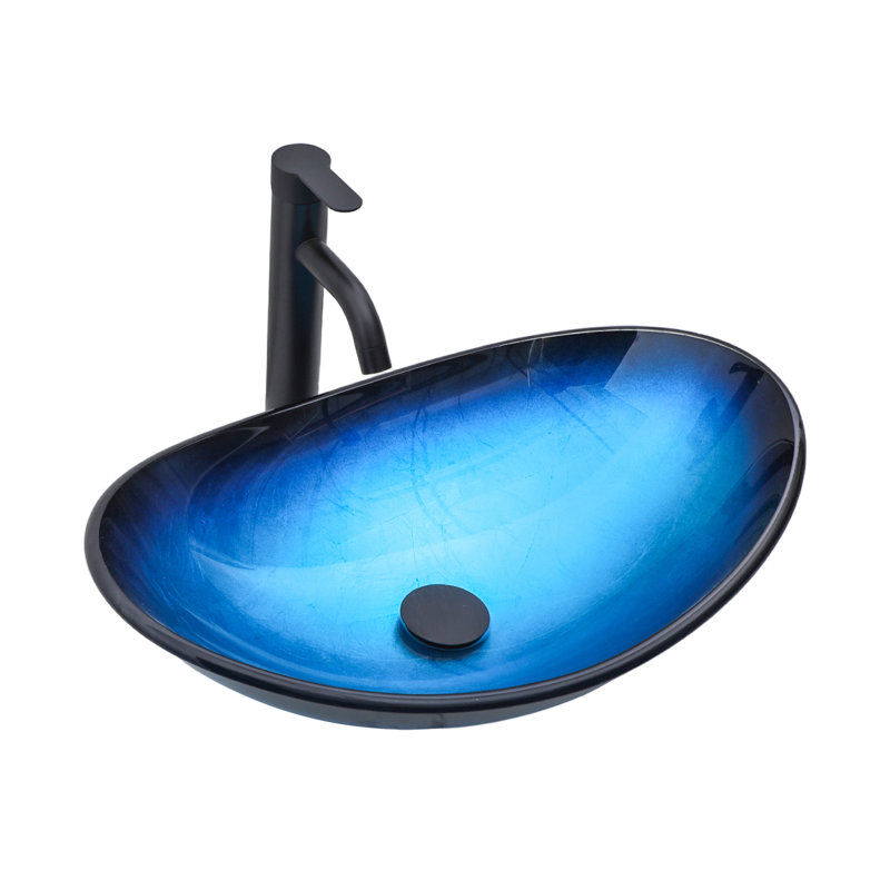 Tempered Glass Vessel Bathroom Sink With Pop-Up Drain, Blue Boat Shape Above Counter Basin | Gift Idea