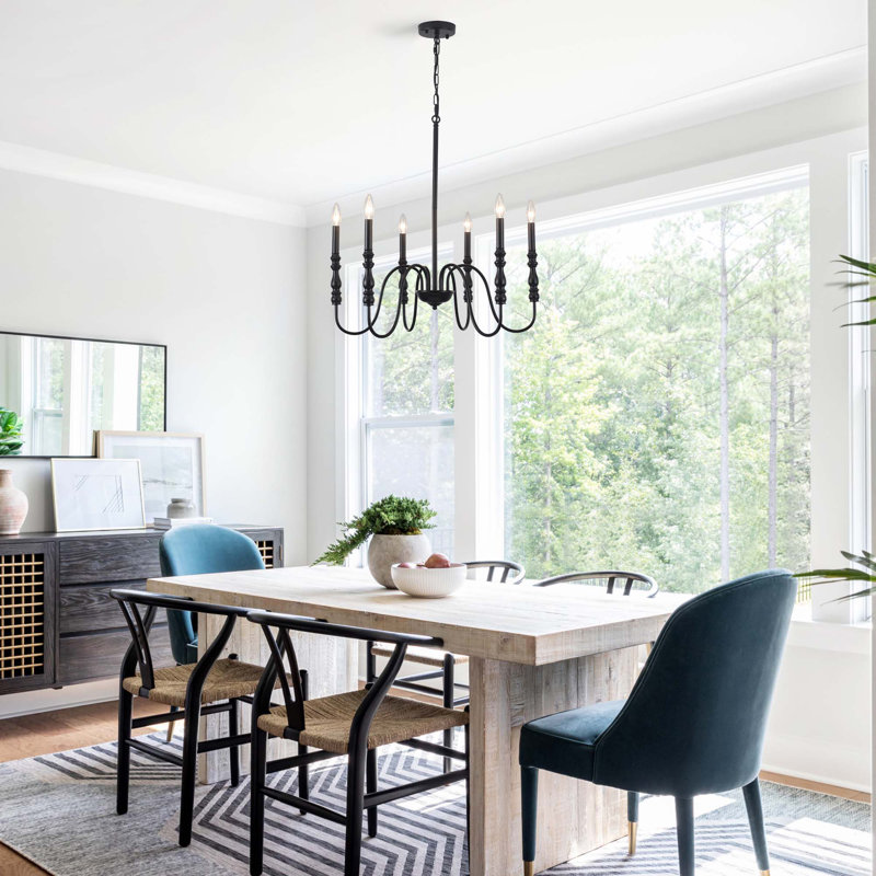 6-Light Dimmable Candle Chandelier, Classic Black Iron Farmhouse Pendant with Curved Arms for Dining Room Kitchen Island Bedroom