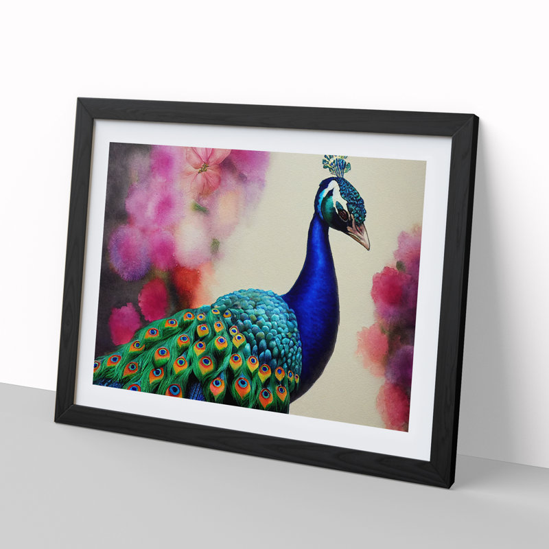 XH1022-6856X Peacock Watercolour - Picture Frame Print, Black, 46cm H x 64cm W x 2cm D