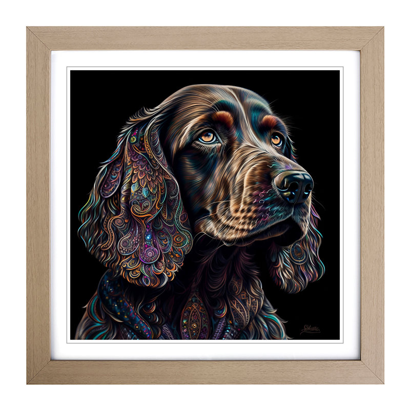 Cocker Spaniel Paisley Art No.1 - Single Picture Frame Print on Wood, Oak