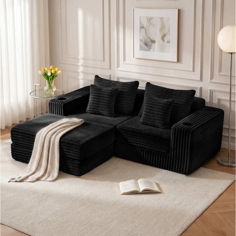 Canapé modulaire 80 po Cloud, canapé-lit en velours côtelé avec siège profond, méridienne réversible, porte-gobelets et poches latérales, sans canapé d'assemblage, noir