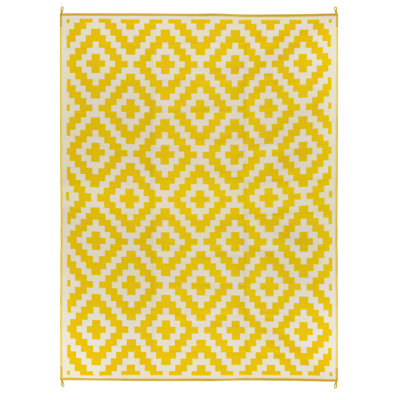 Geo Aztec Outdoor Camping Rug - Waterproof, Fade Resistant, Reversible - Recycled Plastic - Camping RV Balcony Glamping Deck Pool - Aztec Yellow/White