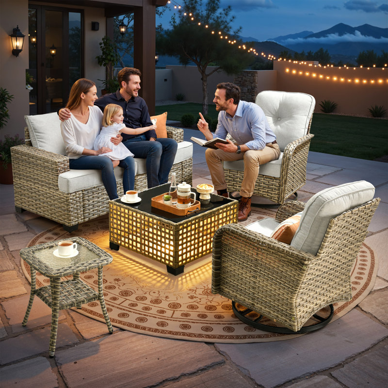 Tommy Outdoor Wicker 4 Person Seating Group With Cushions, Gray