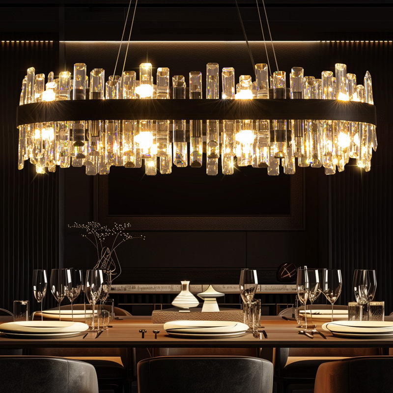 Kacy 16-Light Dimmable Modern Matte Black Rectangle Chandelier with Crystal Accents for Kitchen Island Dining Room, Black