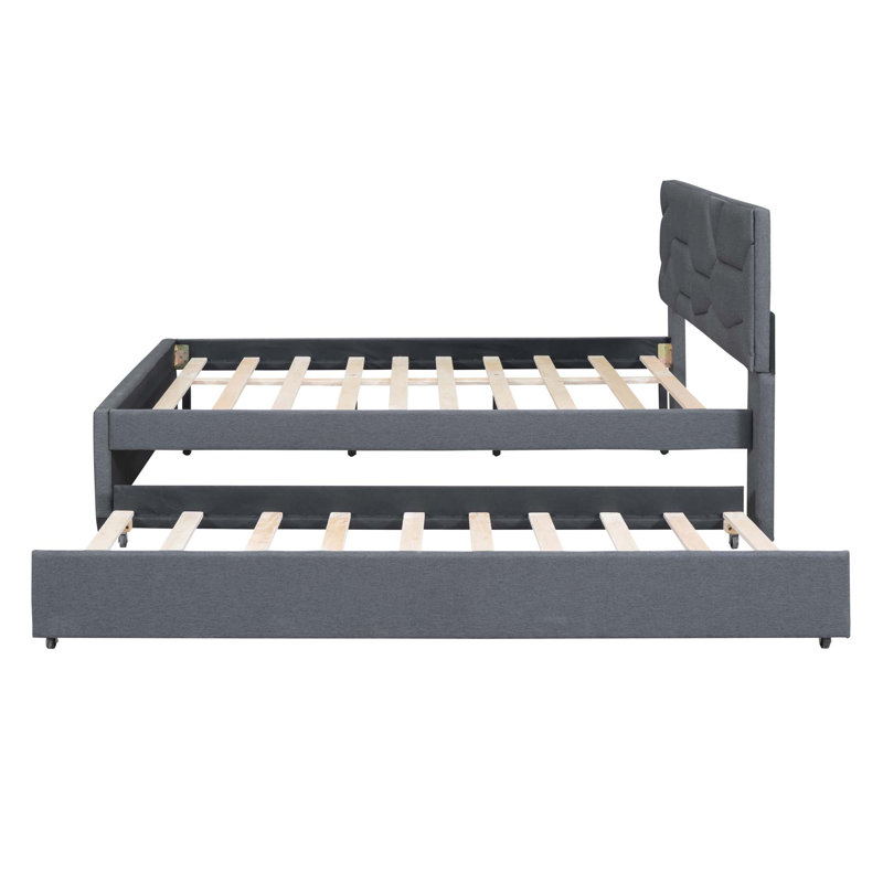 Lit plateforme tapissier avec tête de lit et lit gigogne à motif brique, Gris, Lit double