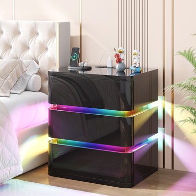 3-Drawer Nightstand With Charging Station And Motion Sensor Rgb Light, Curved Profile Design, No Assembly Required