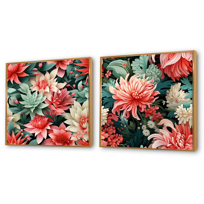Tropic corail motif tropical - ensemble de collage carré floral de 2, Cadre flottant doré, H 30 po x l 61 po