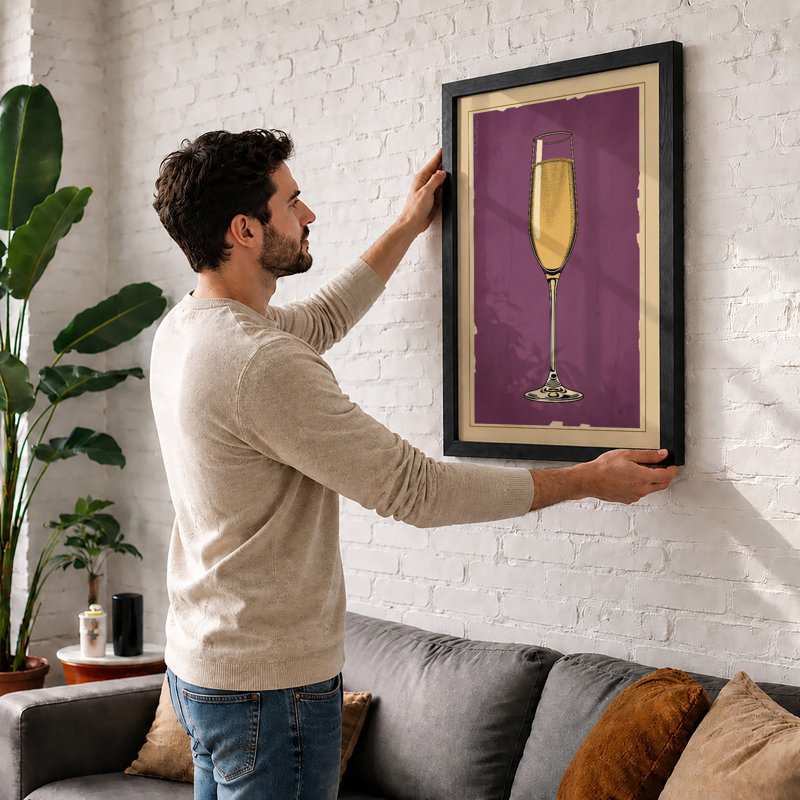 Golden Champagne Glass Mid-Century - Framed Print, A3 - 42.0 x 29.7 cm, Oak