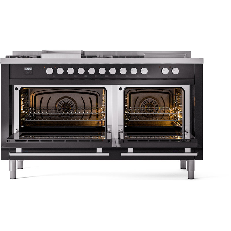 ILVE Professional Plus II 60 in Dual Fuel Range 7 Burner, Griddle, Frenchtop, Liquid Propane, Glossy Black/Stainless Steel