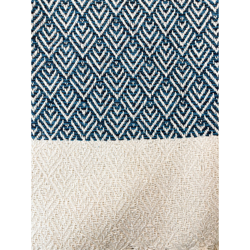 Ivory and Teal Blue Cotton Peacock Throw Blanket with Fringe