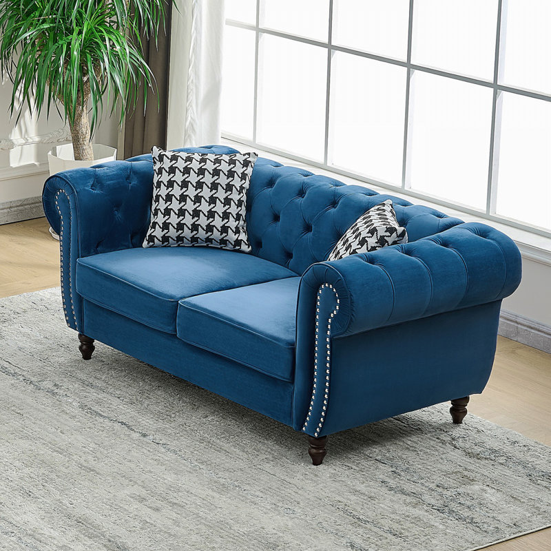 Canapé 67 po Chesterfield FabricVelvet Upholstery Fabric, Bleu