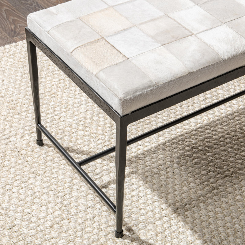 Achen Leather Hide Ottoman Bench, 18.5" H x 60" W x 18" D, Ivory