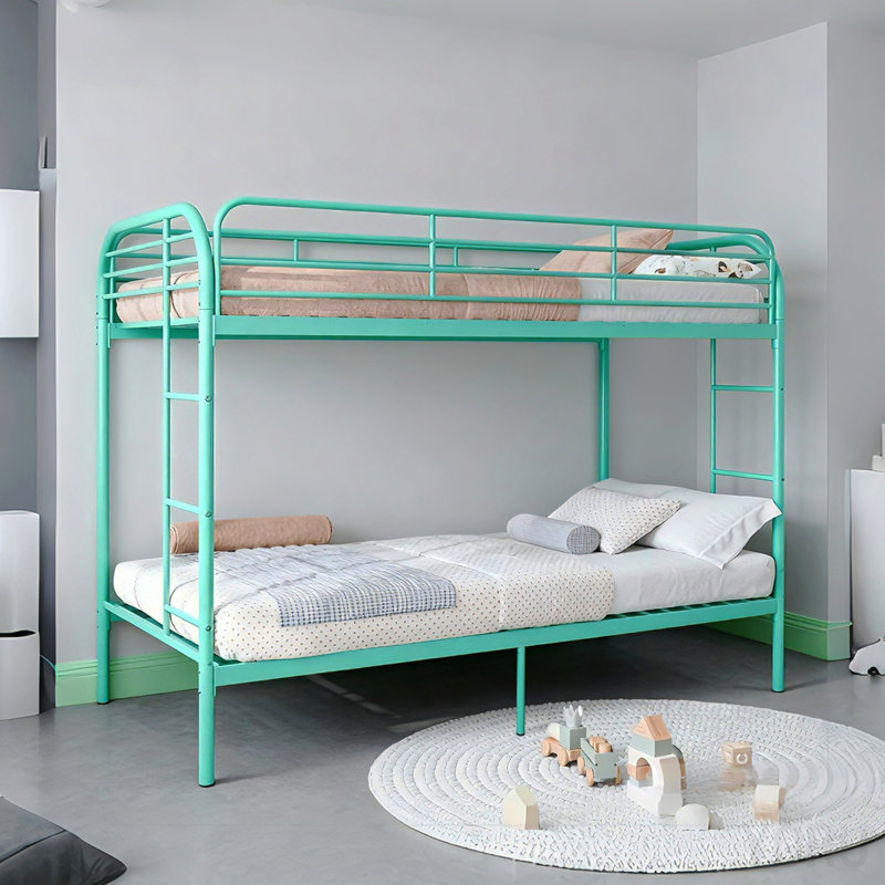 Lit superposé en métal simple au-dessus de simple, lits superposés robustes avec 2 échelles et garde-corps double, lit en fer pour l'école, chambre à coucher facile à assembler, Greem