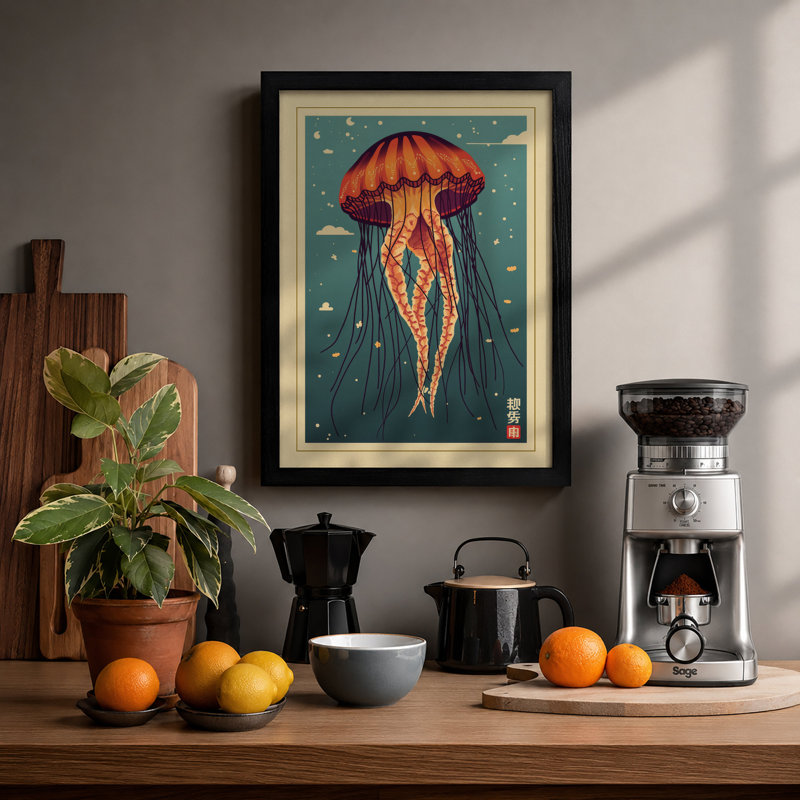 Glowing Jellyfish Japandi - Print, Black, A4 - 29.7 x 21.0 cm