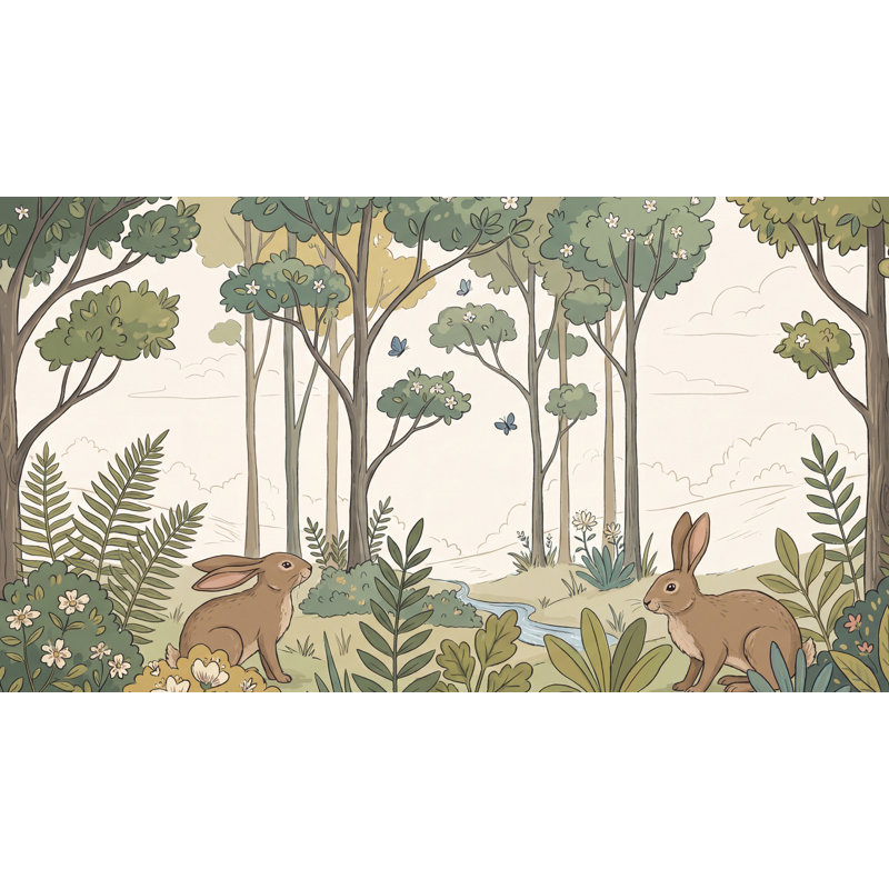 Papier peint paysage boisé avec illustration de livre de lapins, 140 po x 108 po, Non tissé
