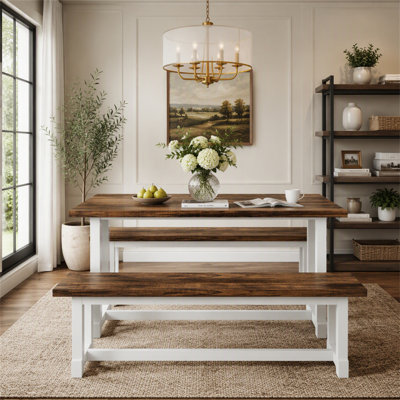 Farmhouse Dining Table Set, 47" Kitchen Table with 2 Benches