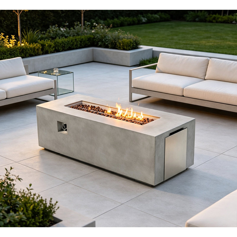 Grande table de foyer d'extérieur en béton 70 po, 60000 BTU, propane, rectangulaire, Gris clair