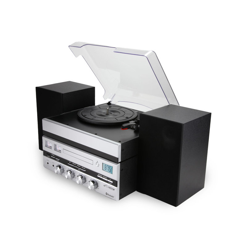 Centre de musique 5-en-1 avec tourne-disque Bluetooth, lecteur CD, radio FM et haut-parleurs séparés