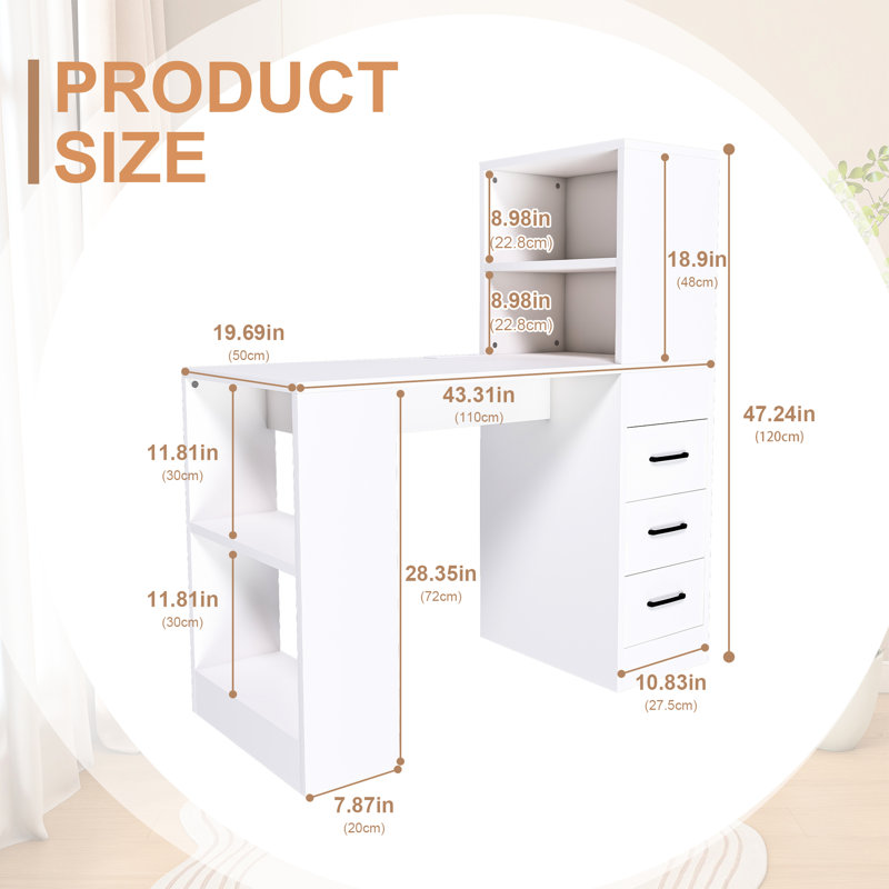 Modern White Computer Desk With 3 Drawers And Easy Surface 41 Charging Socket Ample Storage
