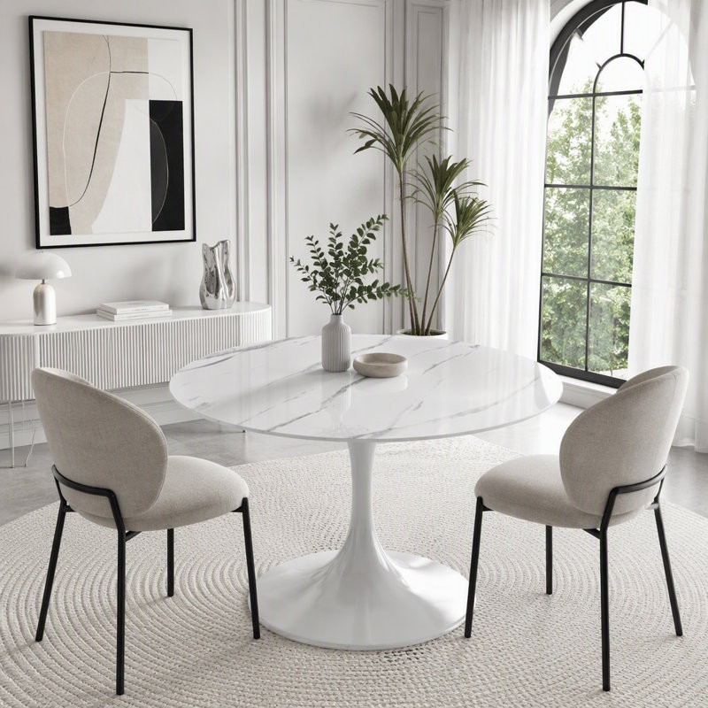 Table ronde moderne à motif de marbre, 23.6"W, White Marble