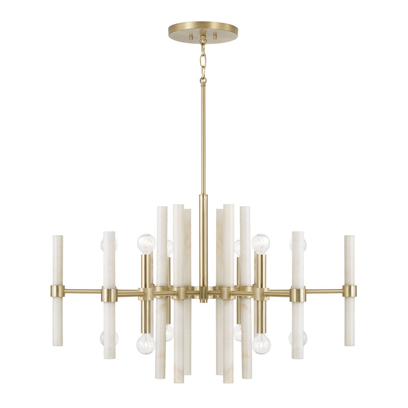 34.75" W x 20" H 8-Light Chandelier in Matte Brass with Real White Marble Rods