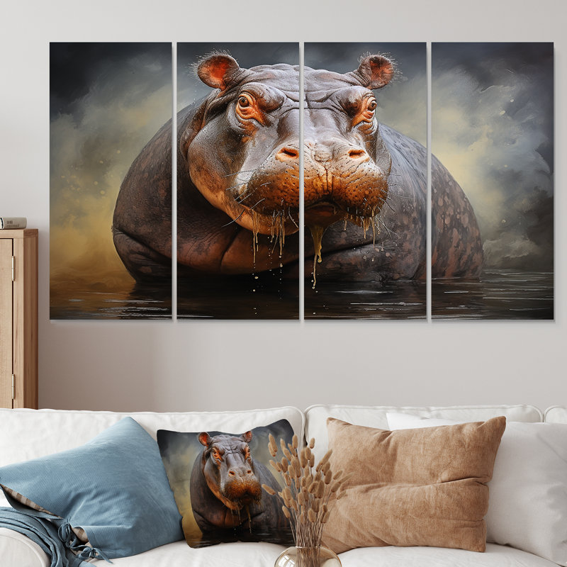 «Grey Majestic Hippo Elegance I - Hippopotamus», ensemble de 4 pièces d'art mural, H 28 po x l 48 po