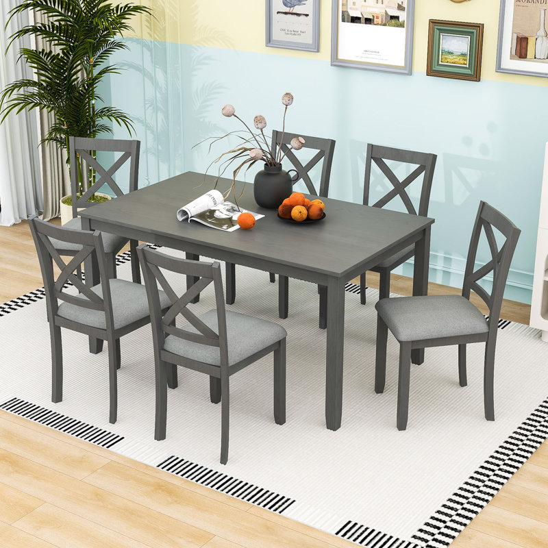 Ensemble de salle à manger 7 pièces pour 6 personnes avec table rectangulaire et 6 chaises rembourrées, Gris