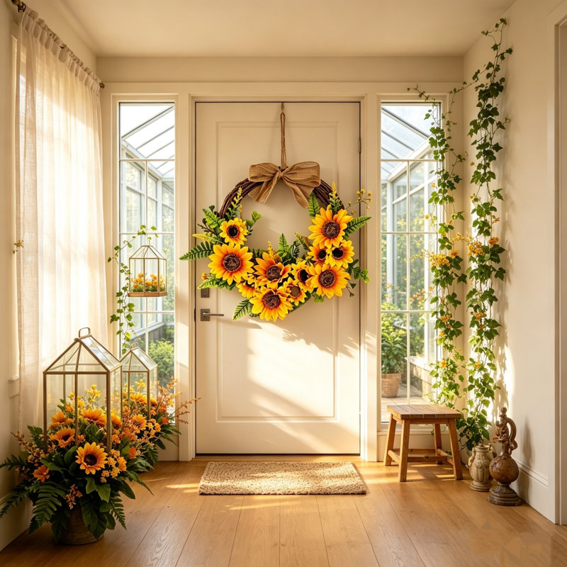 Couronne de tournesol artificielle rustique maison de ferme décorative, faite à la main, pour porte d'entrée fenêtre de mariage, pour toutes les saisons