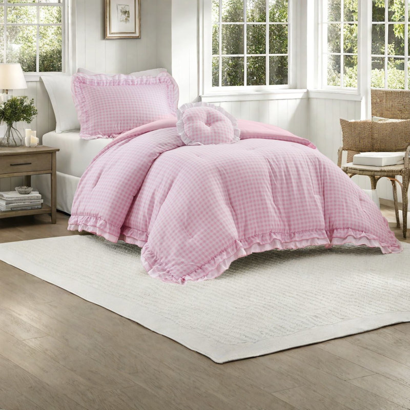 Soft Microfiber Bedding Sets, Twin Pink Ruffle Gingham For Home