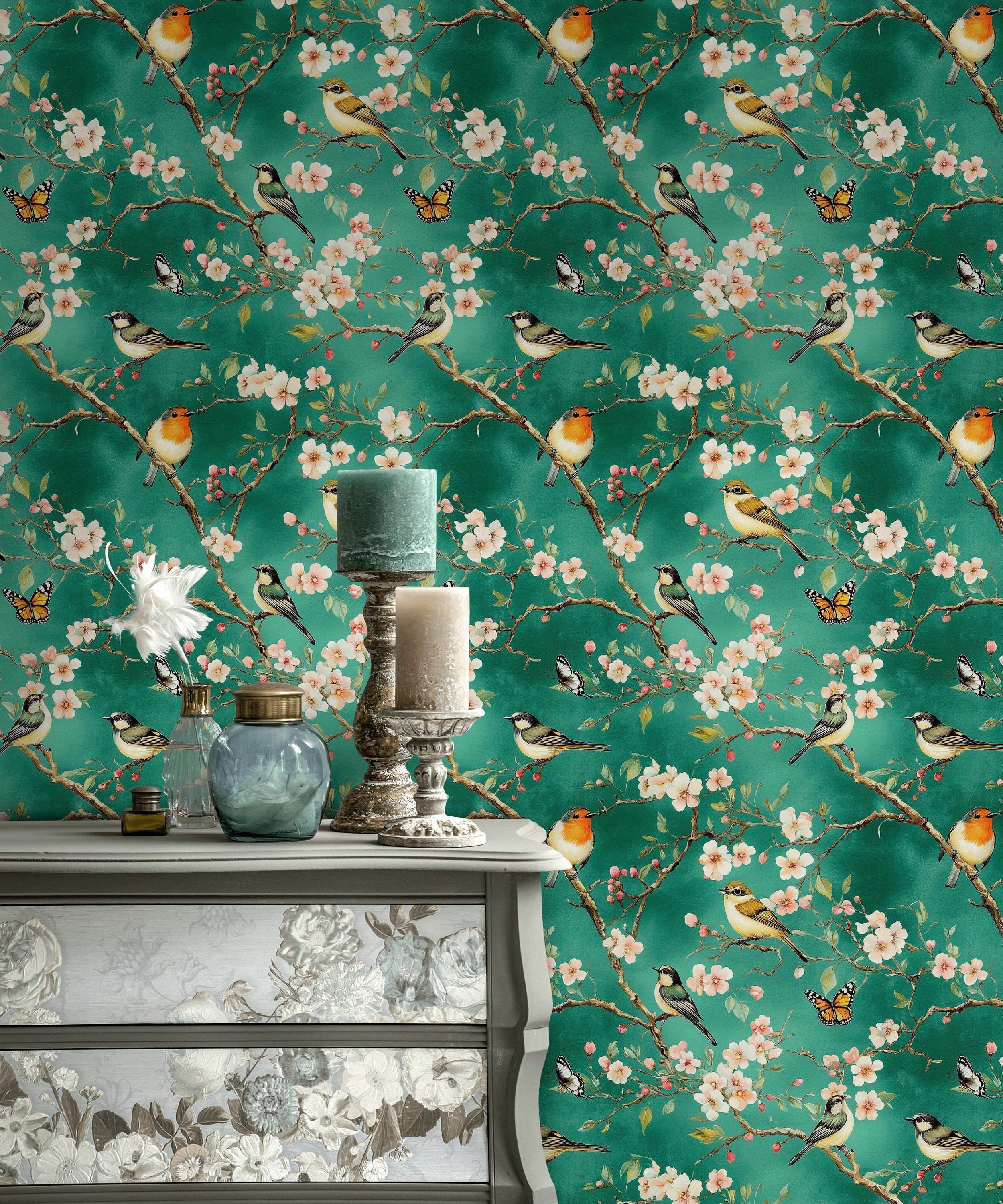 Lark Manor™ Emerald Green Floral Wallpaper Vintage Birds Cherry ...