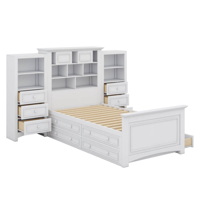 Lit plateforme simple en bois avec armoire intégrée verticale et ensembles de tiroirs doubles de chaque côté, Blanc