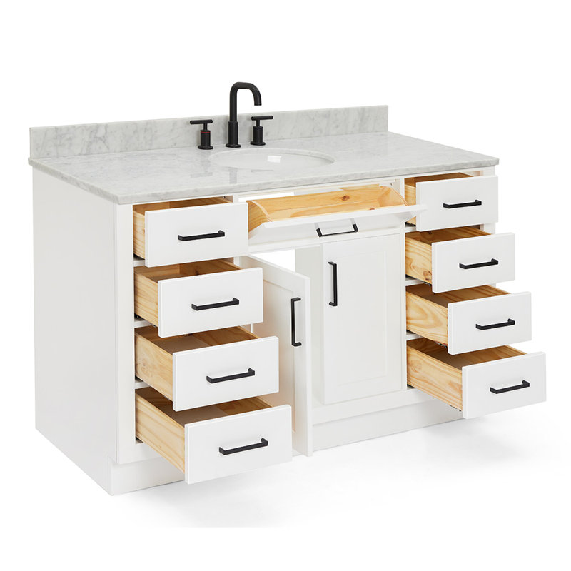 Jameal 54'' Solid Wood Single Bathroom Vanity with 0.75'' Carrara Marble Top Sink, White, Oval