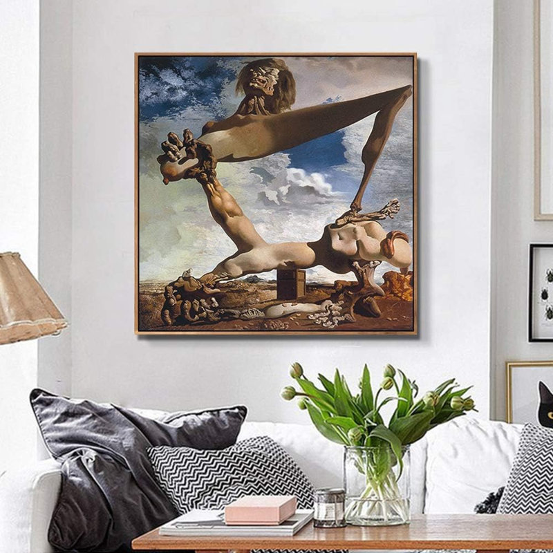 Reproduction d'art sur toile encadrée (cadre mince couleur bois, 61 x 61 cm) : « Construction souple avec haricots bouillis » de Salvador Dali. Décoration murale.