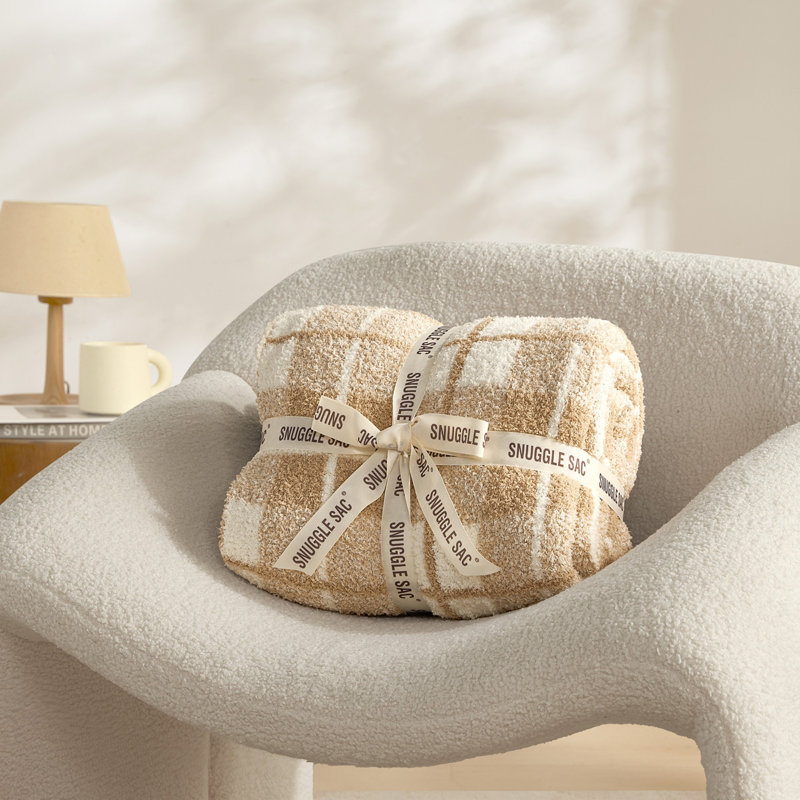 Reversible Plaid Knit Throw Checkered Blanket Soft Feather Yarn Blankets for Couch or Bed, Beige, Throw