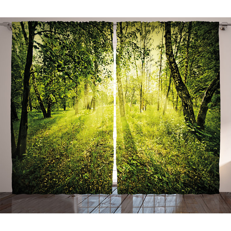 Green Forest Light-Filtering Polyester Rod Pocket Curtain Panels
