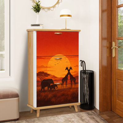 Meuble à chaussures à 3 tiroirs rabattables, motif d'animaux sauvages (éléphants, zèbres, girafes, coucher de soleil), organisateur de rangement.