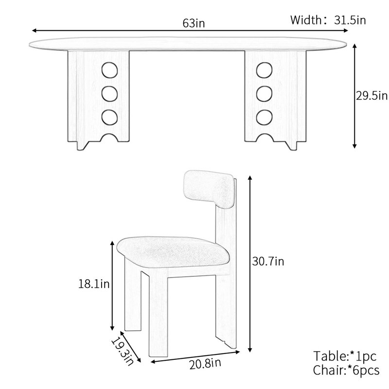 Ensemble de table à manger ovale de style français, 29.5"H x 63"L x 31.5"W