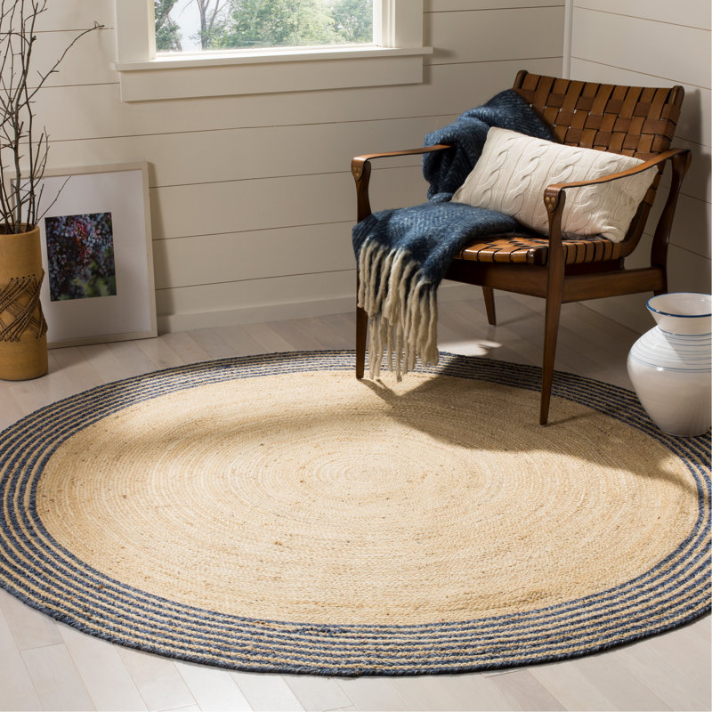 Tapis bleu / ivoire en jute / coton tissé à la main Doleman, Rond 4 pi