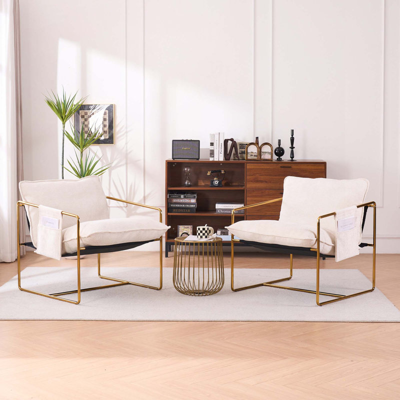 2 chaises dans 1 boîte, fauteuil suspendu rembourré avec poches pour les accoudoirsCadre en métal, fabrication plaquée or, coussins en mousse écrasée et tissu tissé doux pour la peau pour le salon et la chambre à coucher