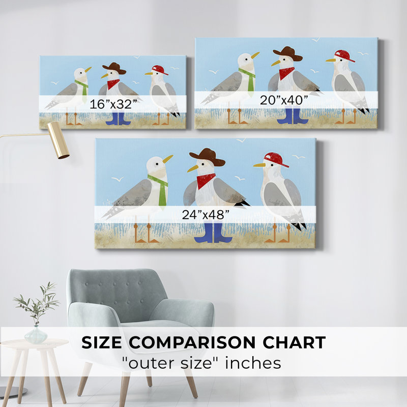 Trio de mouettes Sassy II - Toile tendue avec châssis - Prêt à accrocher, H 16 po x l 32 po