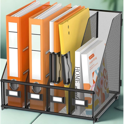 Metal Mesh Desk Organizer With 4 Vertical Compartments, Magazine File Holder And Binder Storage For Office, Home, And School Organization