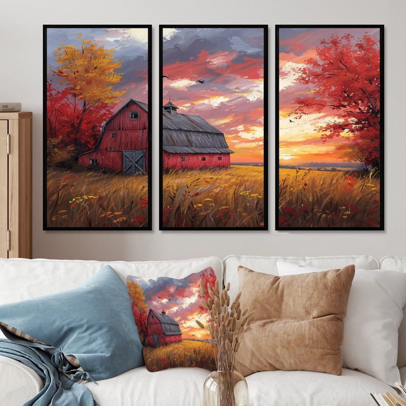 «Autumn Red Barn Breeze II», ensemble de reproductions d'art mural, H 28 po x l 36 po x P 1 po, Cadre flottant noir