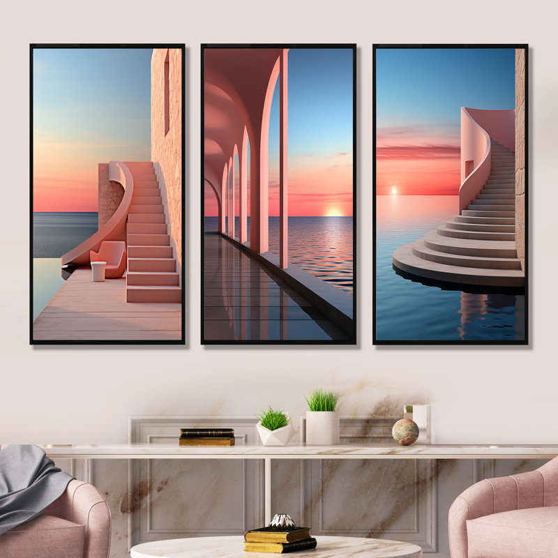 Sunset Coastal Architecture Serenity, Black Floater Framed, 32'' H x 48'' W