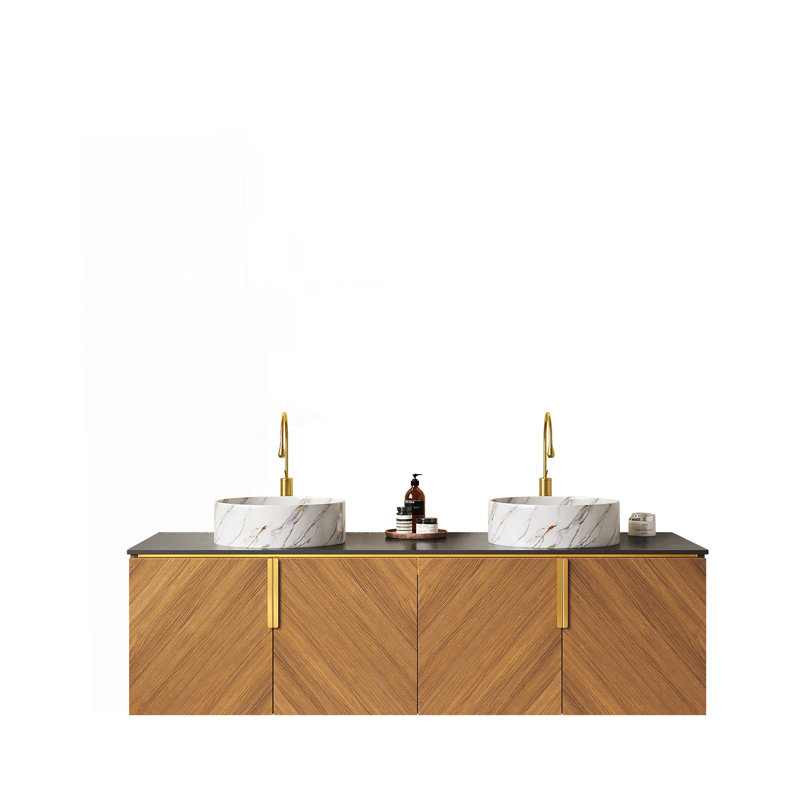 Meuble-lavabo 60 po, meuble-lavabo mural en contreplaqué avec 4 portes, 2 lavabos ronds blancs en céramique avec motif en pierre et comptoir en pierre frittée noire, couleur grain de bois chêne brun