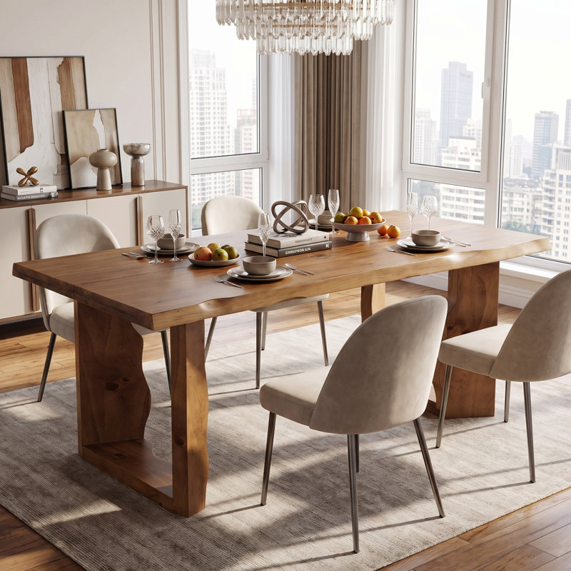 Table de salle à manger en bois massif à rebords naturels et pieds sculpturaux, style rustique moderne, Brown