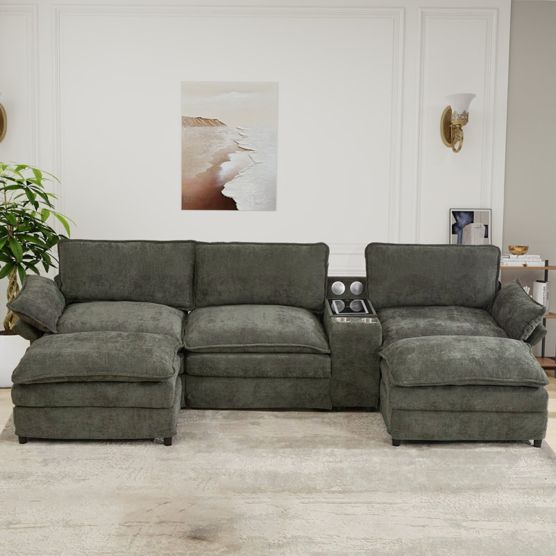 Enn 124 "W Modular Sectional, Wireless Charge, Blue Tooth Speaker, Double-layer Cushion, Brown Chenille