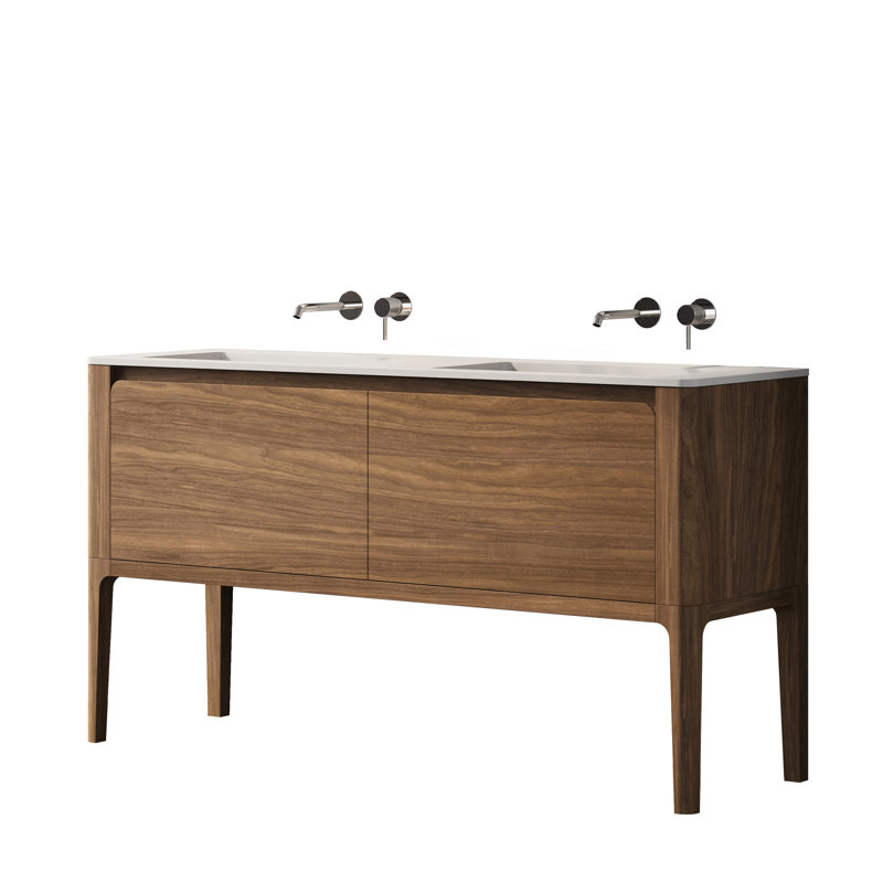Sahiti 60 po L x 19 po P 2 tiroirs Meuble-lavabo autoportant avec évier double et Comptoir en Surface solide blanc mat