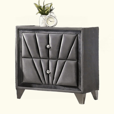 Fully Upholstered Frame 1Pc Nightstand Gray Fabric Crystal-Like Acrylic Knobs Glass Top Chrome Legs