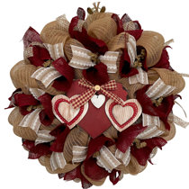 The Holiday Aisle® 15'' Heart Wreath Red Burlap Heart Shaped Ornaments  WithBows LED Lights For Front DoorDecorations